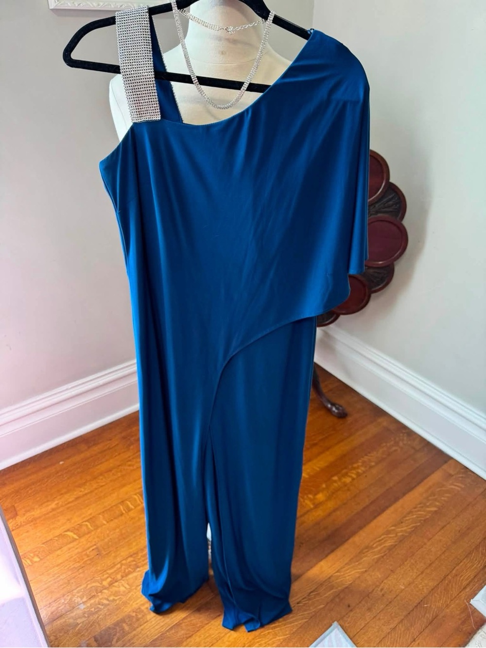 R&M Richards Teal One-Shoulder Jumpsuit with Crystal Strap